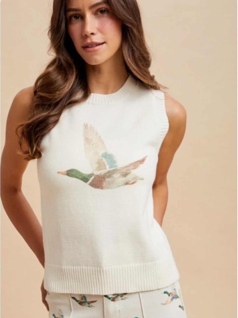 AnnieWear Cream Sleeveless Sweater Tank with Mallard Duck Print Size M NWT